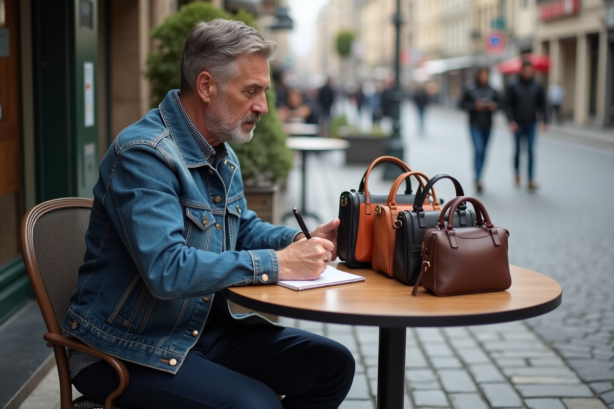 Homme prenant des notes avec plusieurs pochettes sur la table