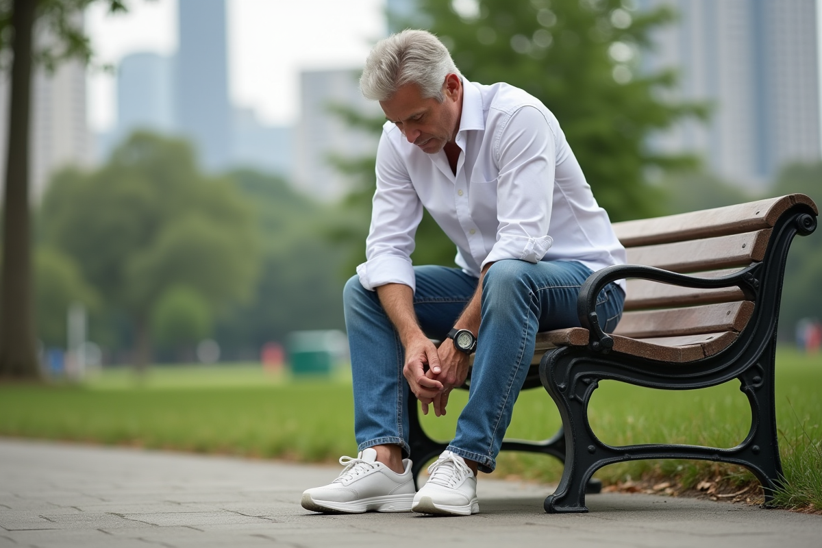 Homme en jean et chemise en plein air dans un parc urbain
