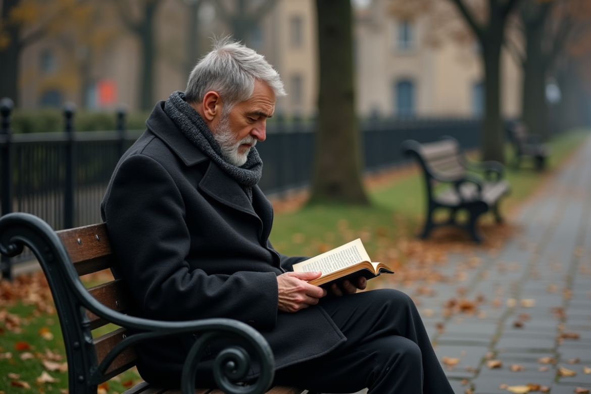Homme pensif lisant un livre de poésie dans un parc en automne