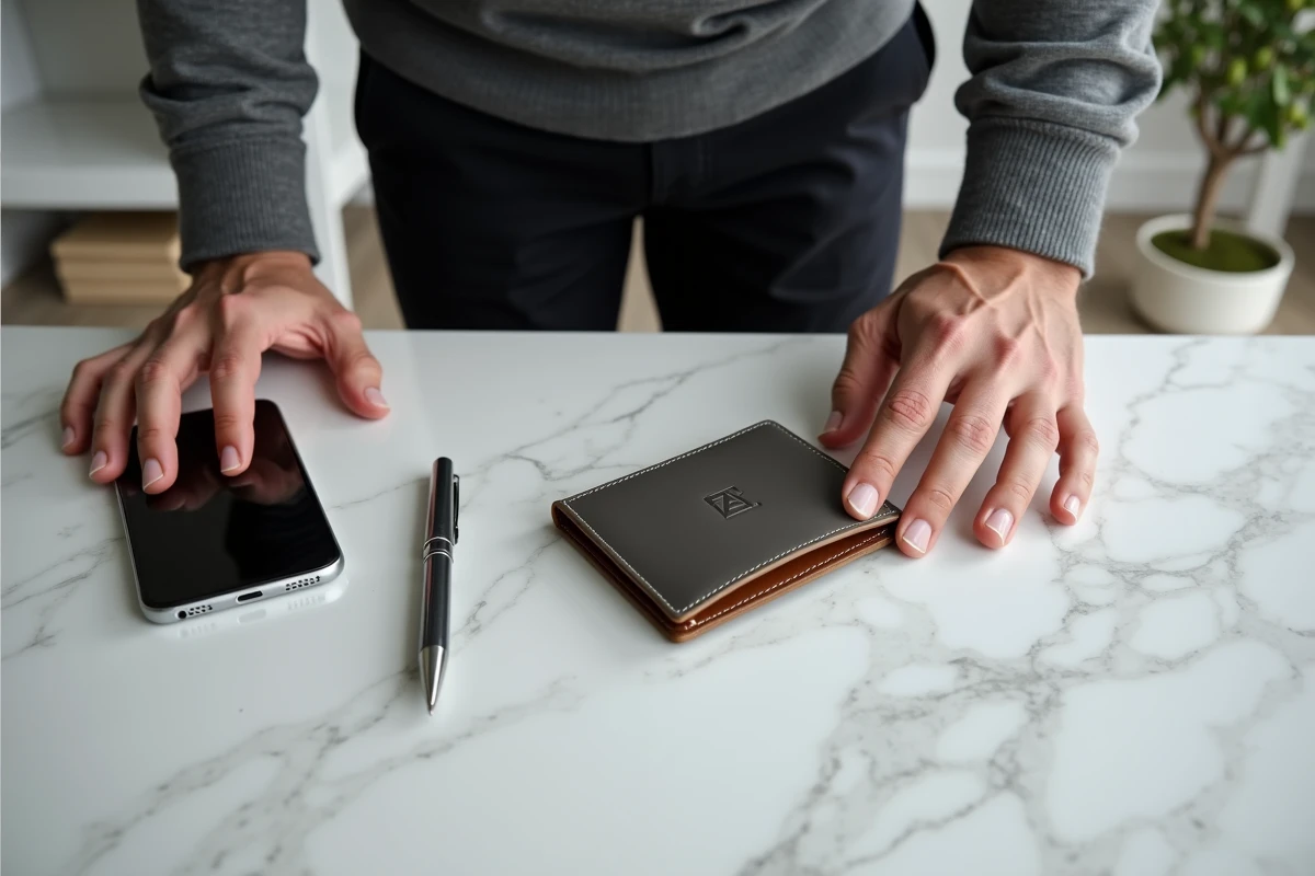Homme posant un porte-monnaie personnalisé en cuir sur un bureau en marbre dans un bureau à domicile moderne