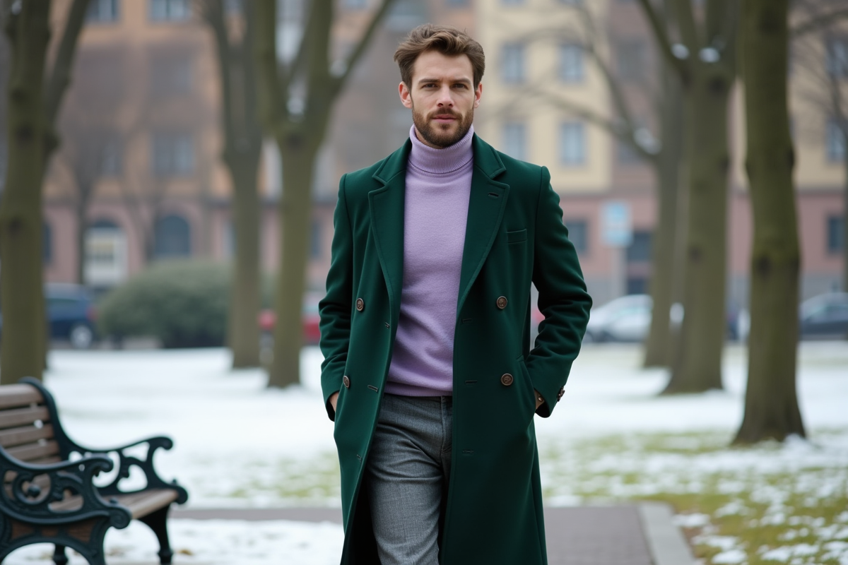 Homme en manteau vert dans un parc hivernal calme