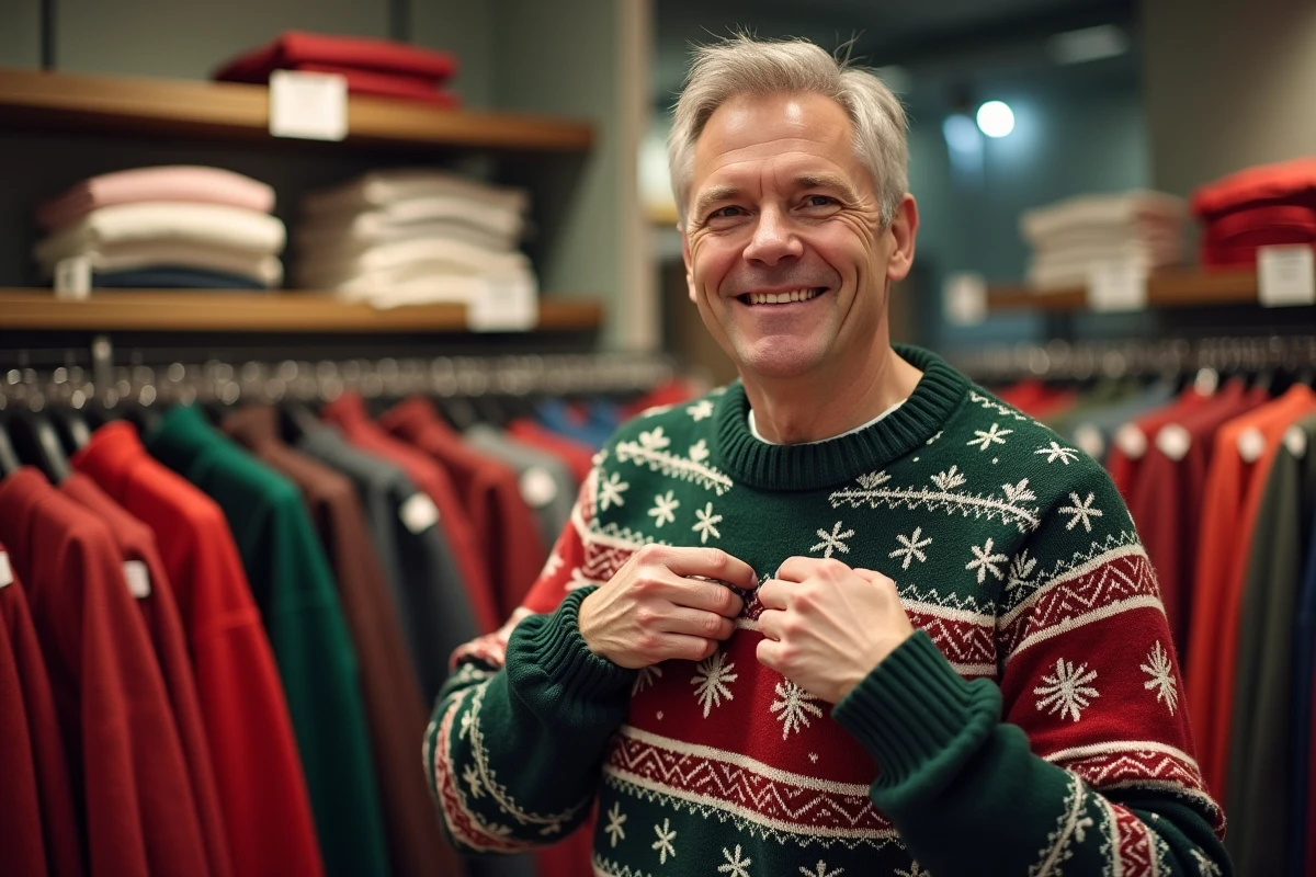 Homme portant un pull de Noël trop serré en magasin et regardant l'étiquette de taille