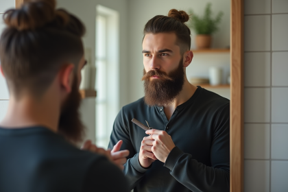 Homme avec barbe en train de se raser dans la salle de bain