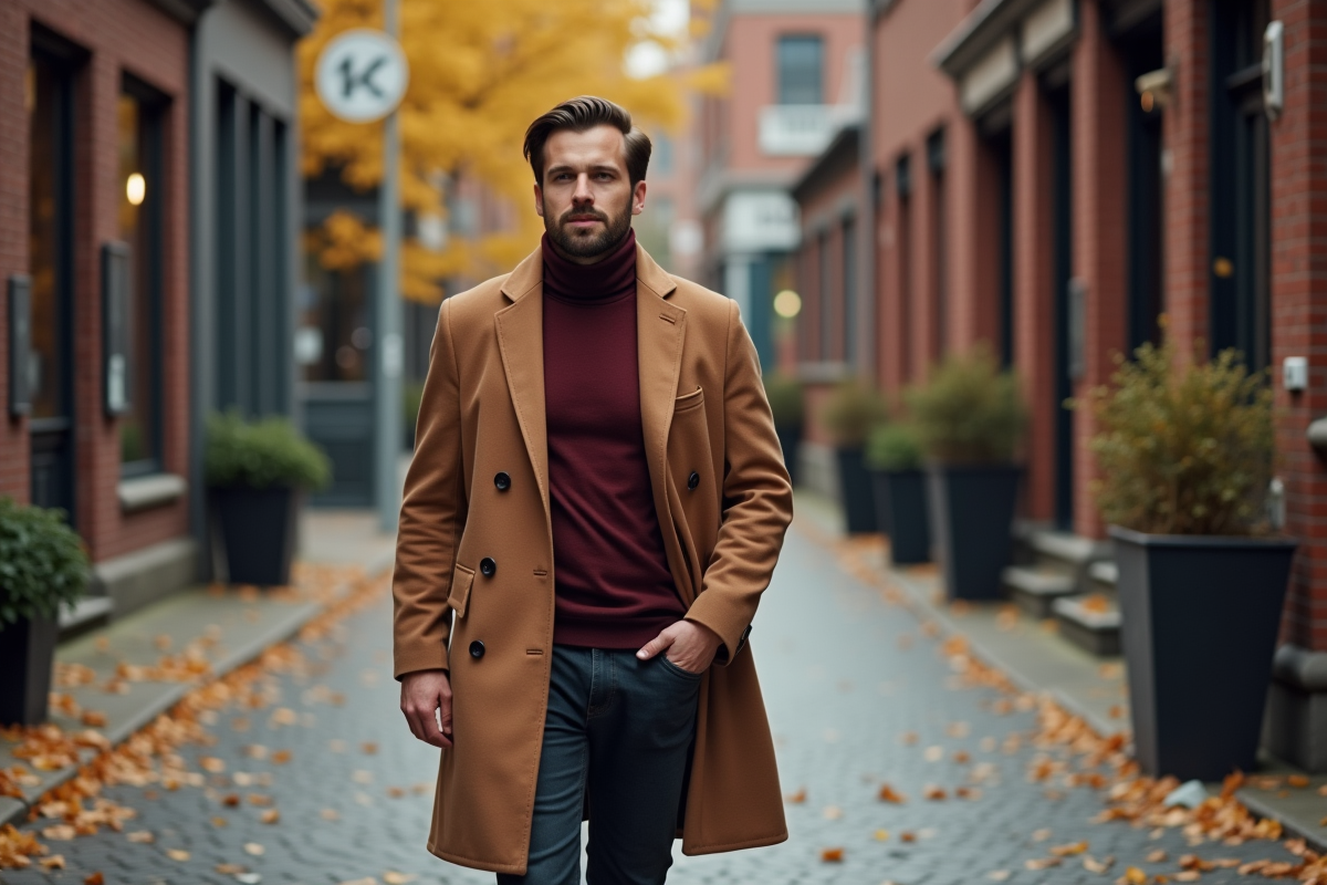 Homme en manteau sandstone marchant dans une rue pavée automnale