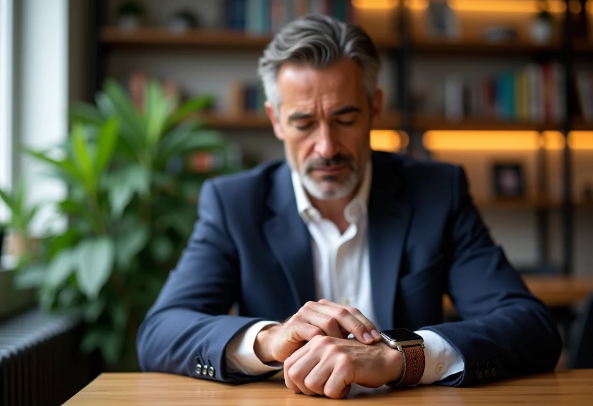Homme élégant ajustant sa montre en blazer navy