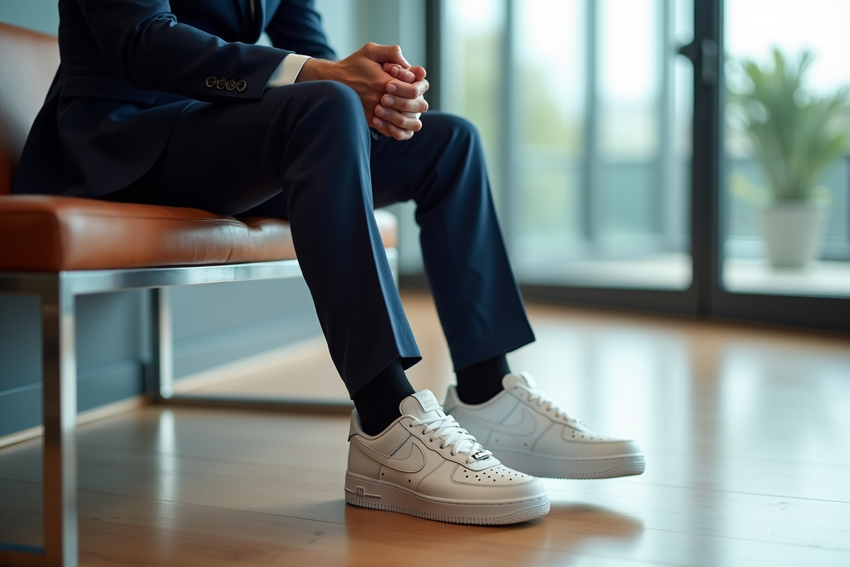 Homme en costume avec des Air Force 1 dans un intérieur élégant