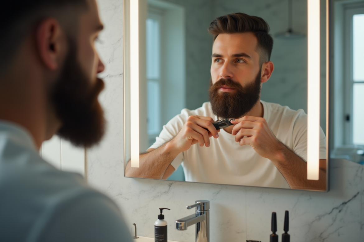 Homme barbu taillant sa barbe devant un miroir lumineux
