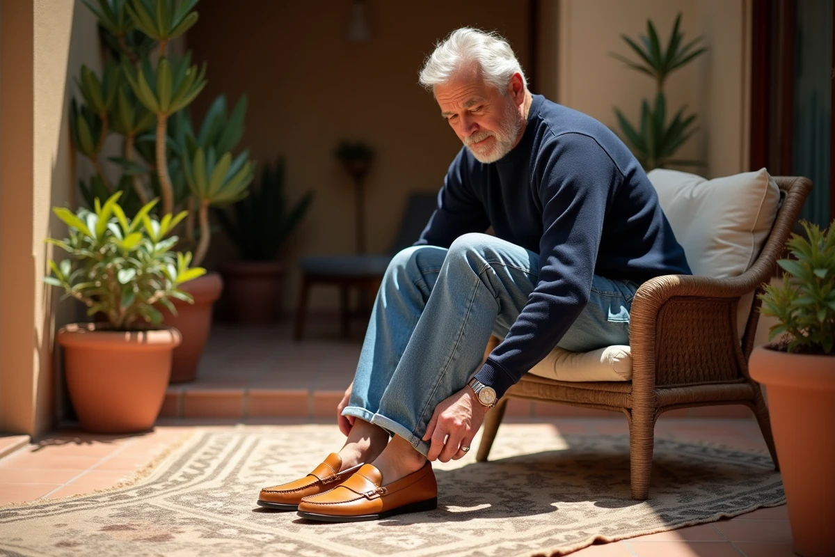 Homme assis sur une terrasse mettant des babouches en cuir