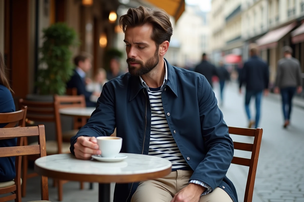 Homme en veste vintage Harrington marine assis à la terrasse d'un café parisien, style français élégant et décontracté