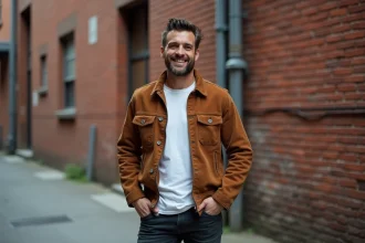 Homme en veste vintage marron en daim bien ajustée, style urbain devant un mur de briques