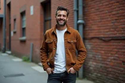 Homme en veste vintage marron en daim bien ajustée, style urbain devant un mur de briques