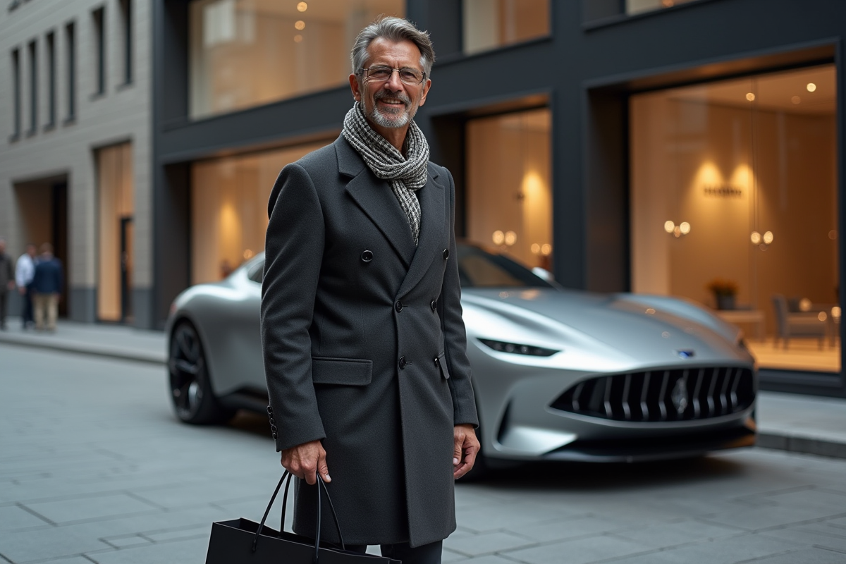 Homme sophistiqué devant une voiture de luxe en ville