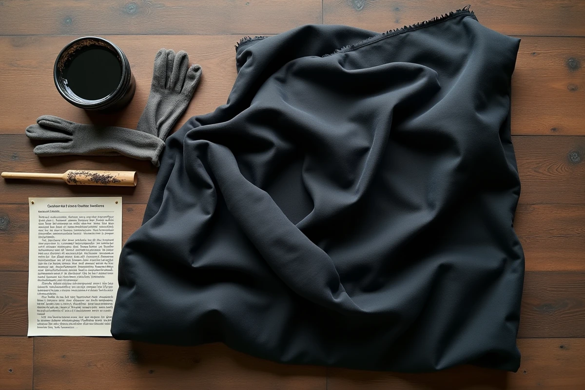 Plat posé montrant une housse de couette teinte en noir avec les accessoires de teinture textile sur une table en chêne