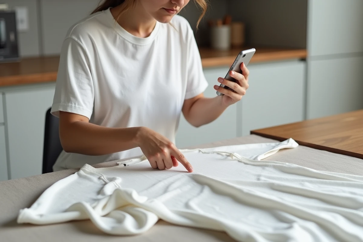 Femme inspectant un vêtement ZARA défectueux sur une table avant d'effectuer une réclamation