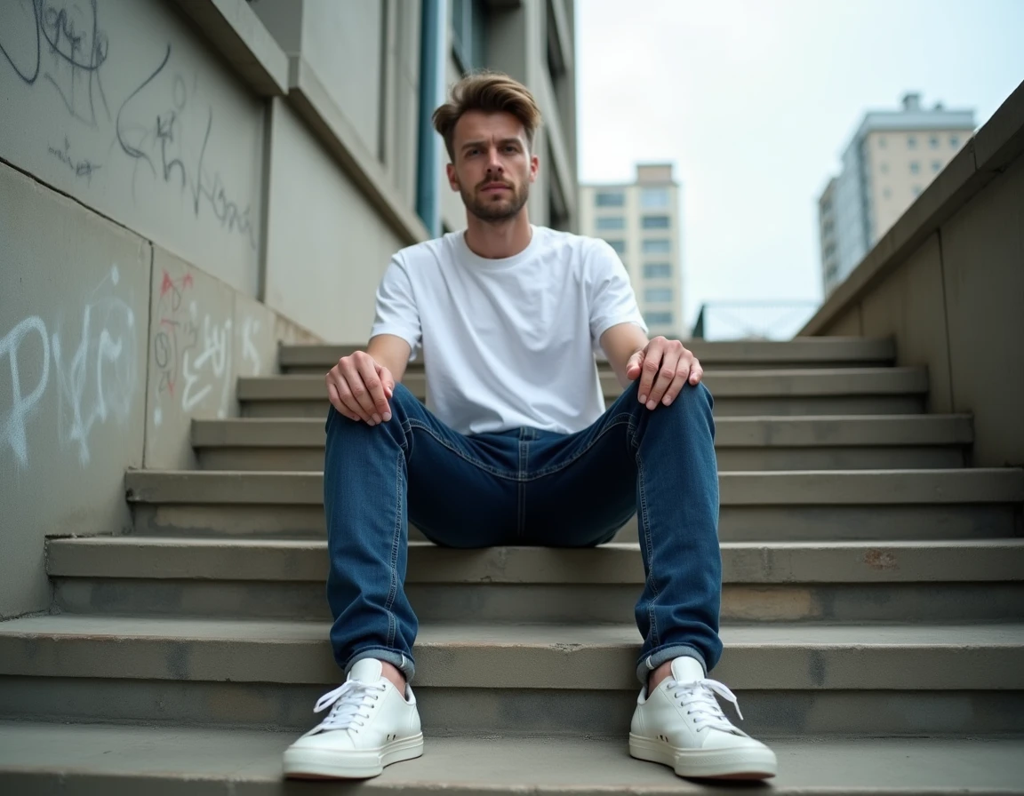 Grand homme assis sur des marches urbaines portant un jean Uniqlo indigo avec ourlet au-dessus de la cheville, vue en pied pour montrer la longueur de jambe