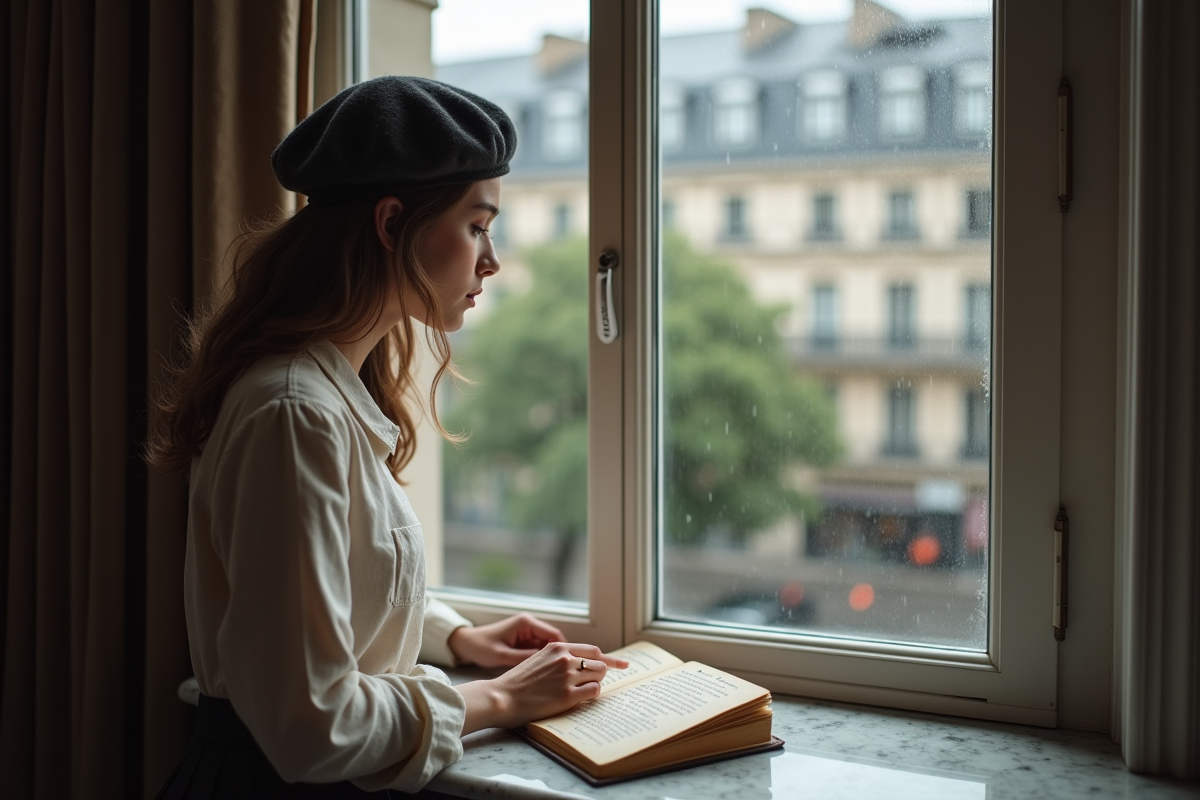 Jeune femme regardant par la fenêtre avec manuscrit de Baudelaire