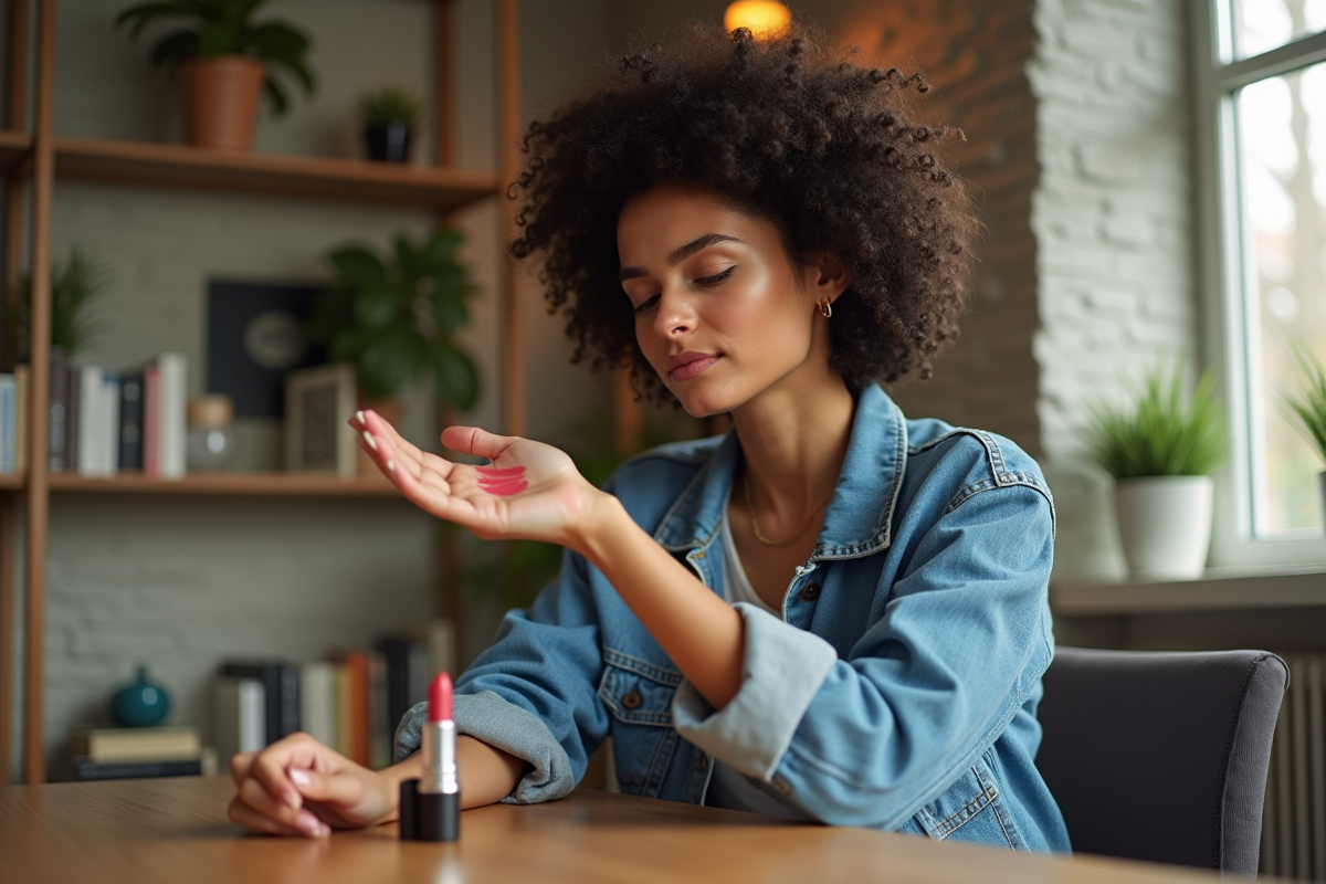 Jeune femme examinant des échantillons de rouge à lèvres