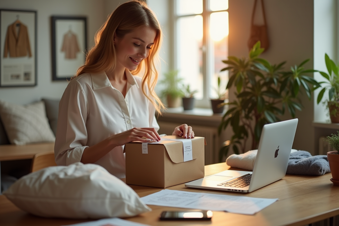 Jeune femme emballant des vêtements d'occasion dans un espace lumineux