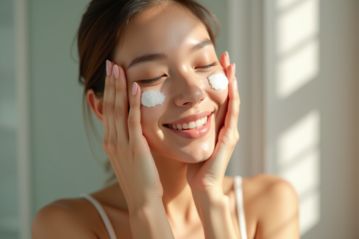 Jeune femme appliquant une crème hydratante sur le visage