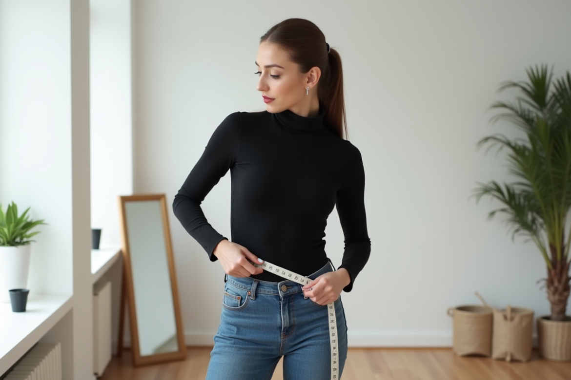 Jeune femme en turtleneck mesure sa taille avec un ruban