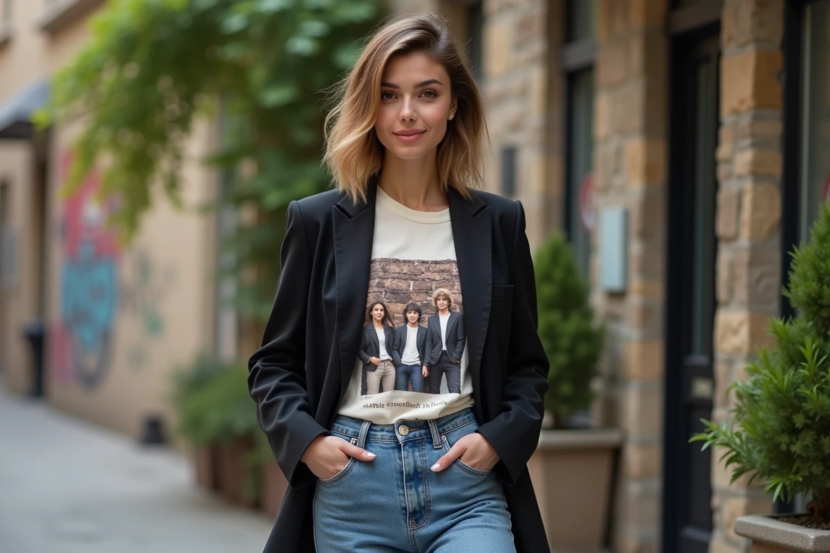 Jeune femme en blazer et t-shirt vintage dans la ville