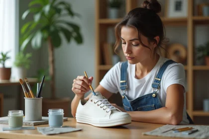Jeune femme en overalls peignant une sneaker avec précision