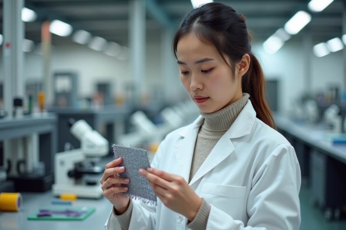 Jeune femme scientifique textile examine un tissu avancé