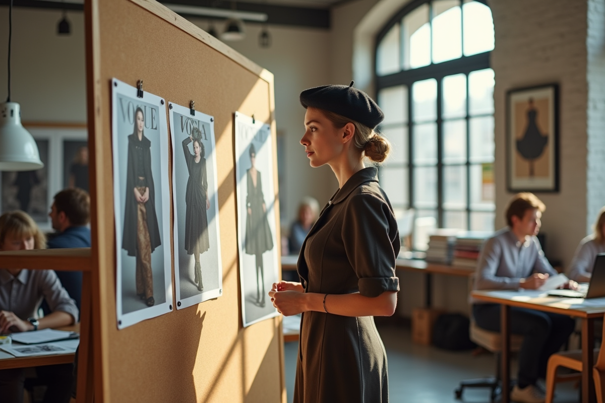 Jeune femme en beret examine des maquettes dans un studio mode
