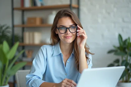 Jeune femme essayant des lunettes virtuelles dans un bureau moderne
