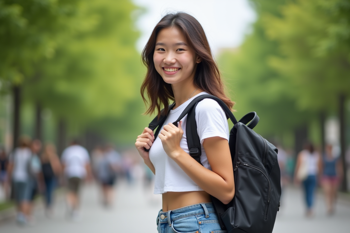 Jeune femme souriante en ville avec sac à dos