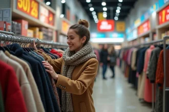 Jeune femme dans un magasin de vêtements d'hiver examine un pull soldé