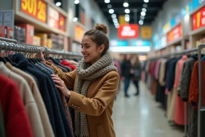 Jeune femme dans un magasin de vêtements d'hiver examine un pull soldé