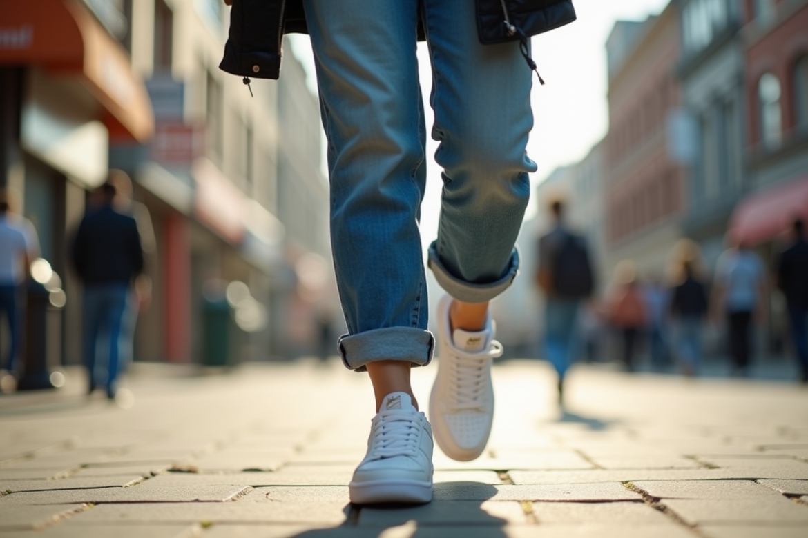 Jeune femme marchant dans la ville avec des Air Force 1 blanches