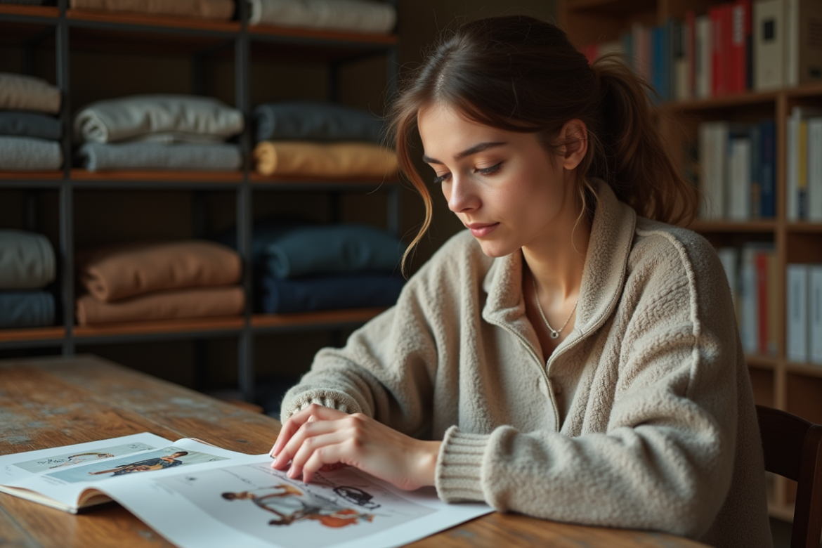 Jeune femme regardant des catalogues de mode vintage