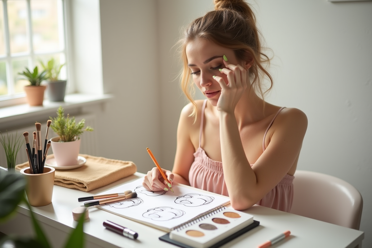 Jeune femme dessinant ses contours de visage au miroir
