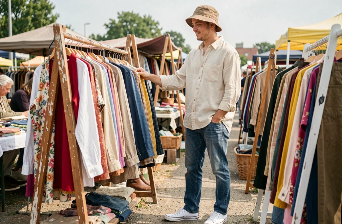 Jeune homme dans la vingtaine portant un bob sable dans un marché vintage en plein air avec une tenue décontractée