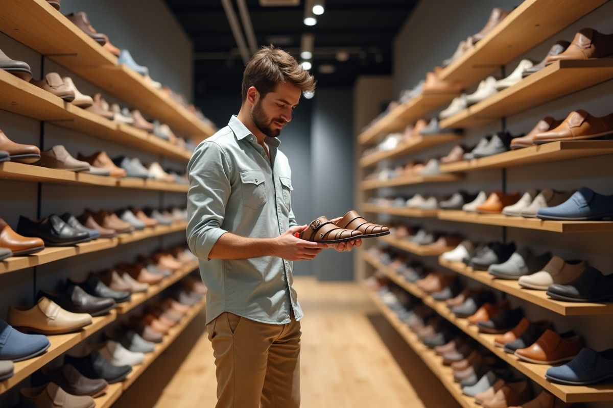 Jeune homme compare des sandales dans une boutique moderne