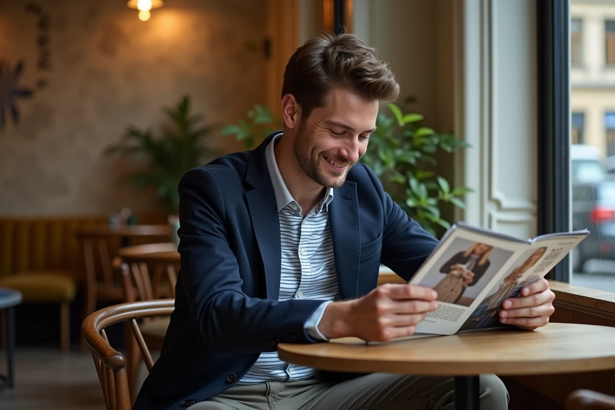Jeune homme lisant magazine dans un café parisien