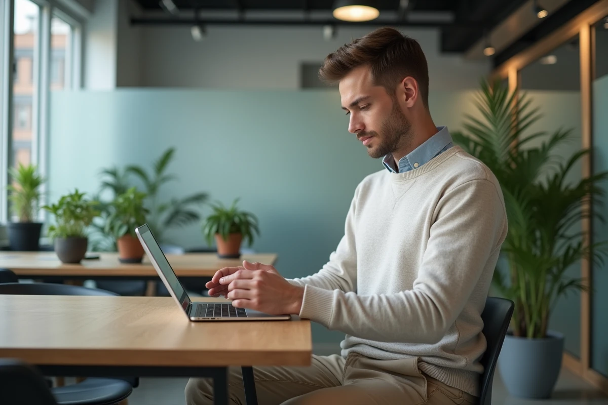 Jeune homme dans un espace coworking naviguant sur une tablette
