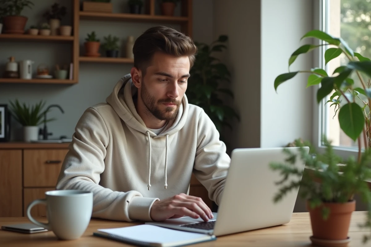Jeune homme compare des offres sur son ordinateur dans la cuisine