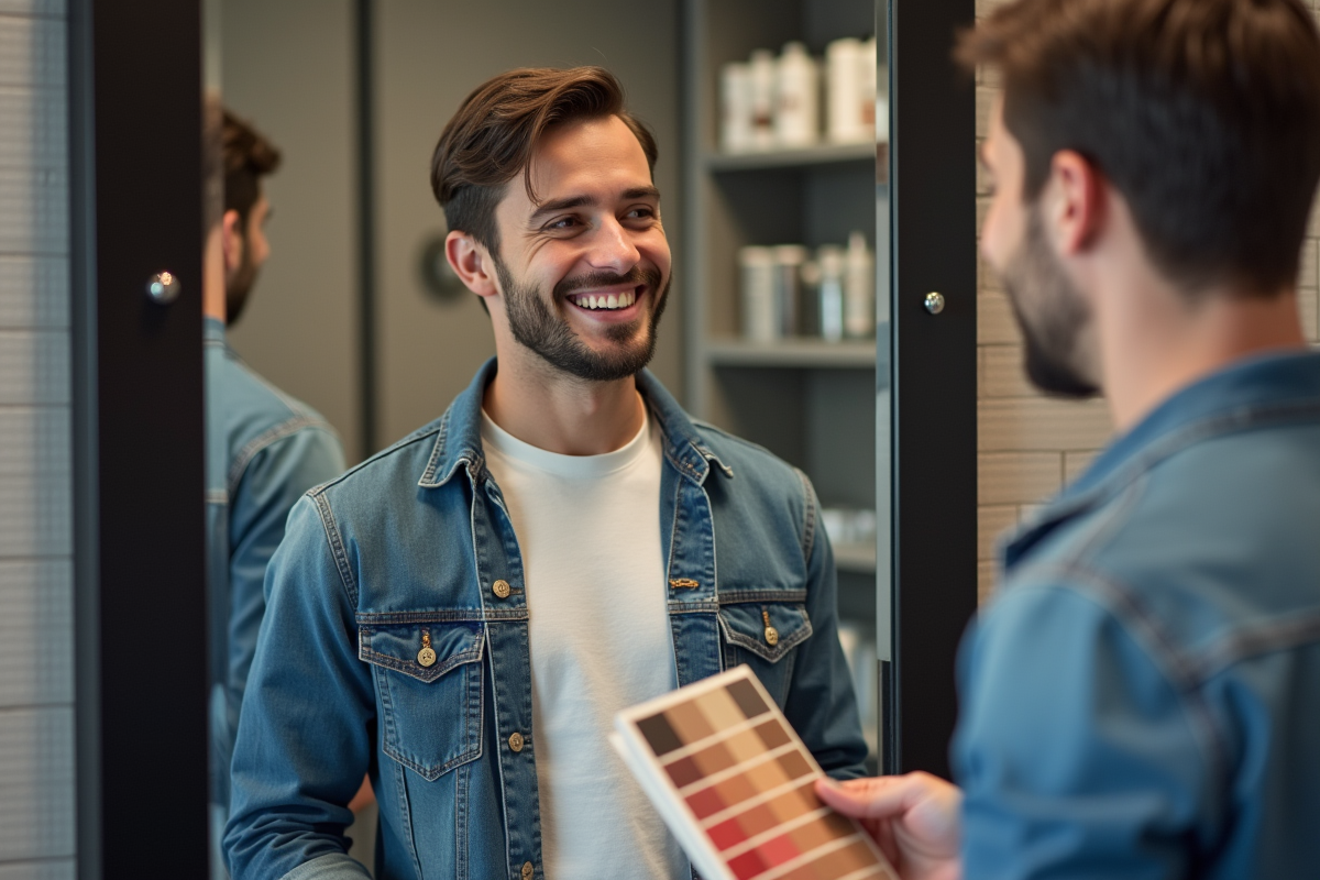 Jeune homme avec échantillons de couleur de cheveux en salon