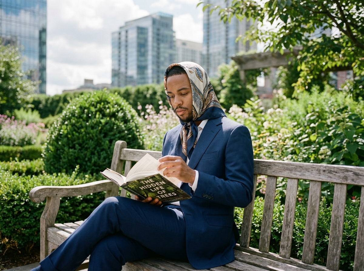 Jeune homme en costume lisant dans un jardin urbain