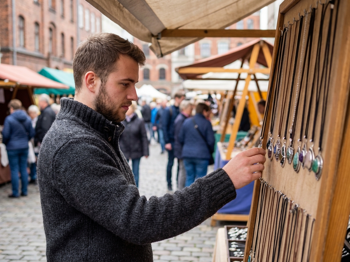 Jeune homme regardant des pendentifs artisanaux