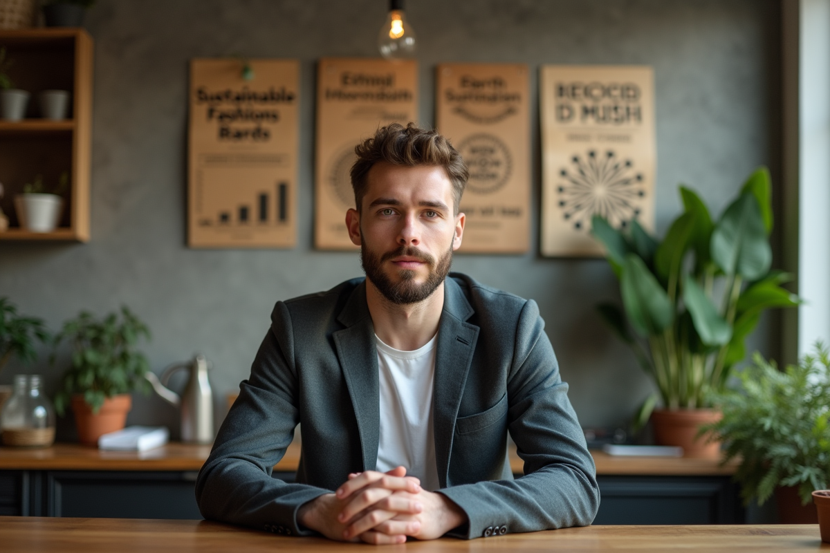 Jeune homme en blazer recyclé dans un café écologique et moderne