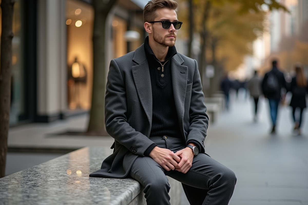 Jeune homme en manteau mode assis en ville