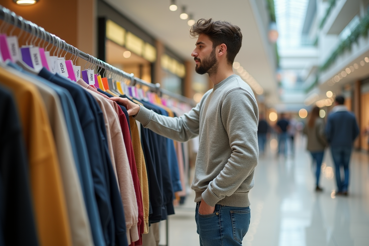 Jeune homme regardant une étiquette promotion dans un centre commercial
