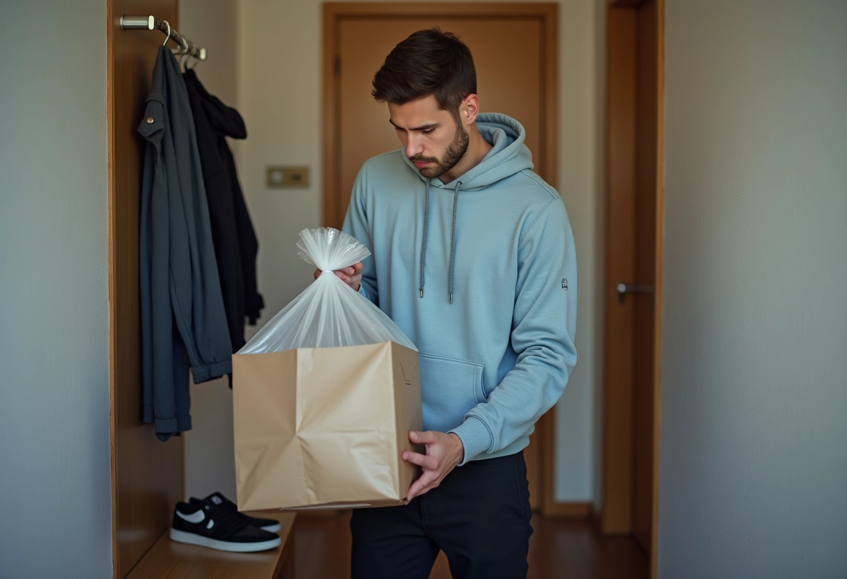 Jeune homme réfléchissant avec un sac plastique et un carton