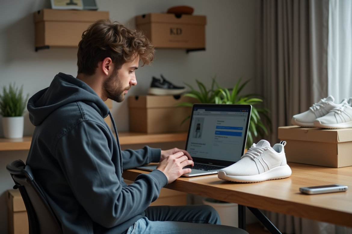 Jeune homme regardant des sneakers sur un bureau moderne