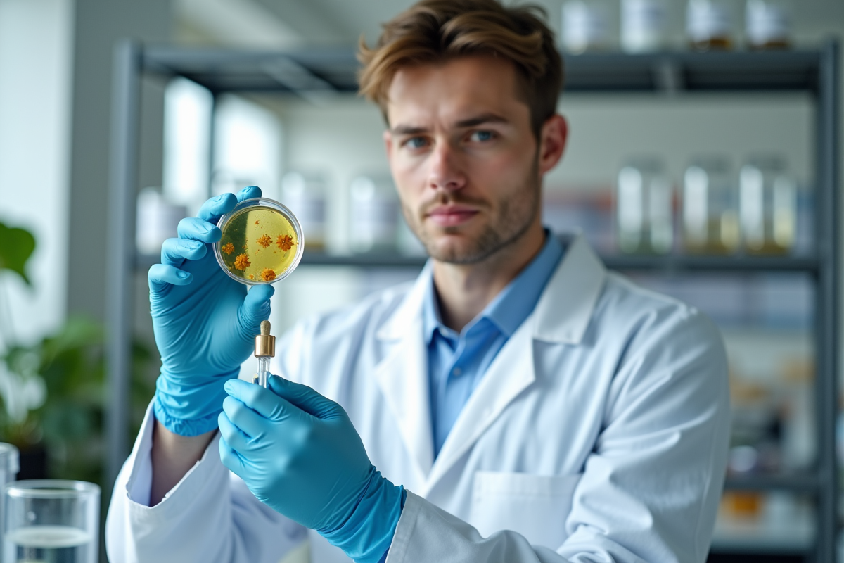 Jeune scientifique manipulant un échantillon en laboratoire moderne