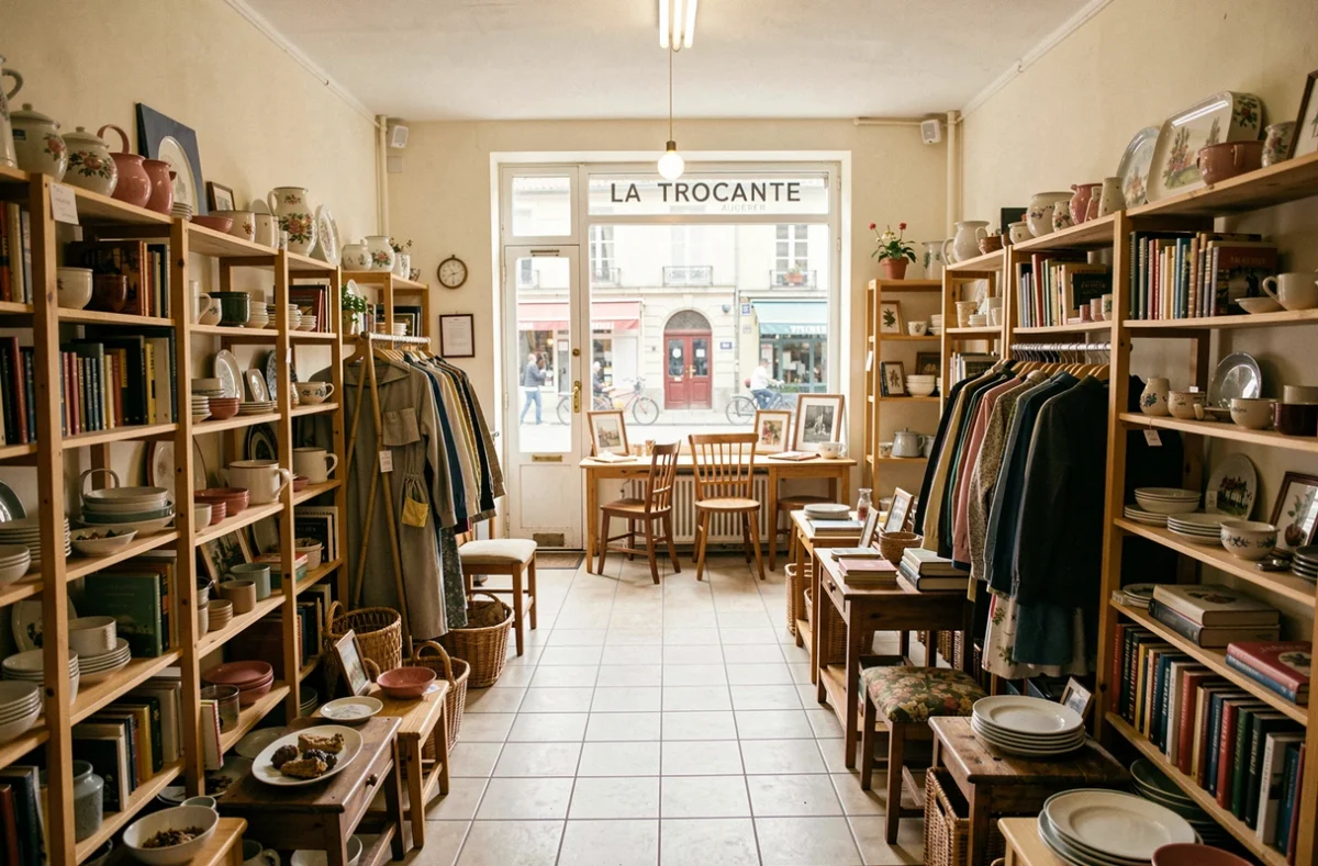Intérieur de La Trocante d'Auxerre avec vaisselle vintage, vêtements et petits meubles d'occasion dans un dépôt-vente de l'Yonne